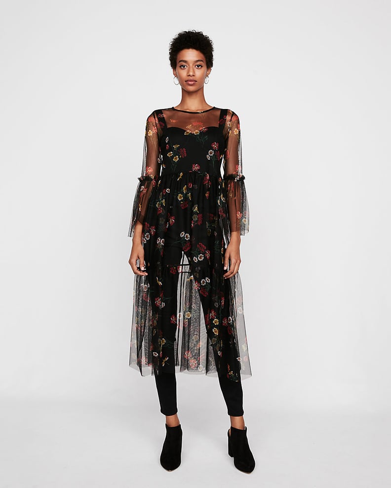 Express Sheer Floral Fit And Flare Midi Dress