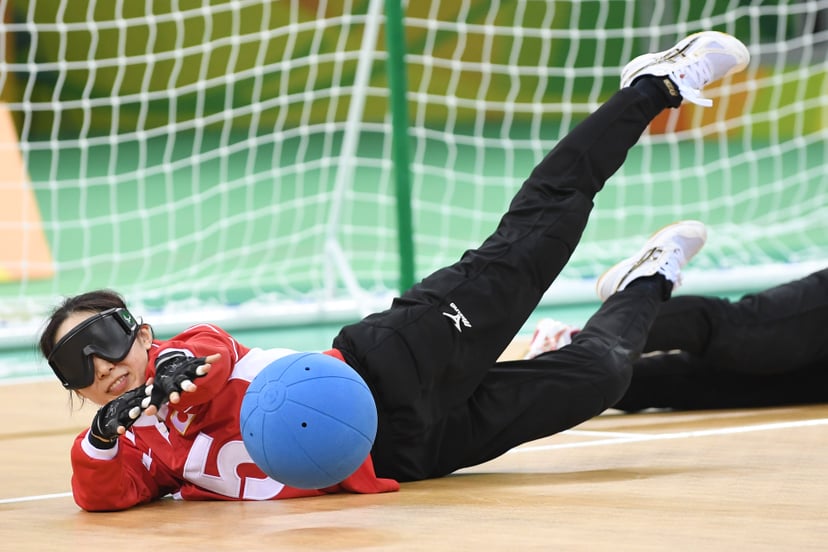 RIO DE JANEIRO, BRAZIL - SEPTEMBER 11:  Rie Urata of Japan blocks in the women's Goalball on day 4 of the Rio 2016 Paralympic Games at Future Arena on September 11, 2016 in Rio de Janeiro, Brazil.  (Photo by Atsushi Tomura/Getty Images for Tokyo 2020)