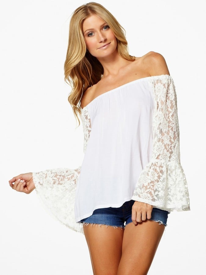 Elan White Off-the-Shoulder Lace Sleeve Top