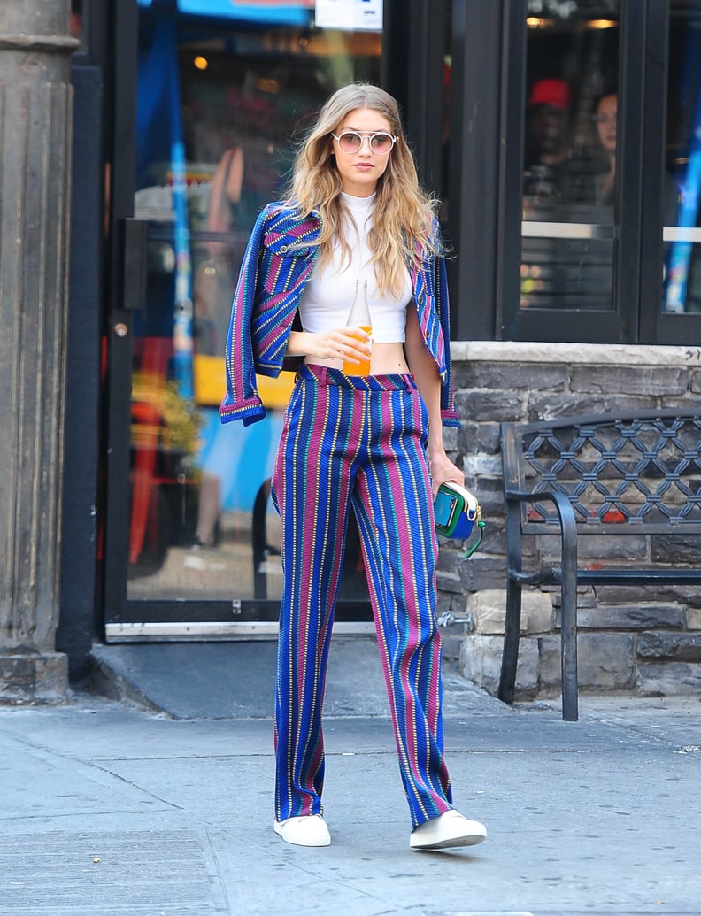Gigi Wore Her Striped Suit With a White High-Neck Crop Top