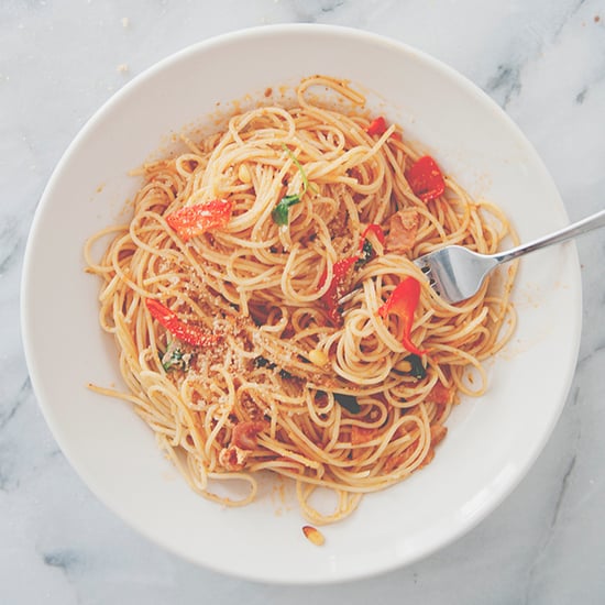 Spaghetti With Bacon, Tomatoes, Chiles, and Pine Nuts