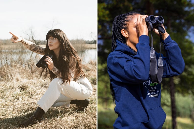 A collage of two birders with binoculars out on birding walks in the woods