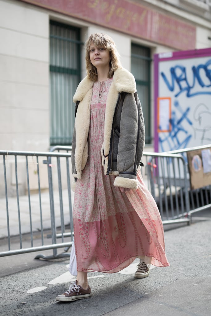 Throw on a Shearling-Lined Coat Over a Flowy Dress