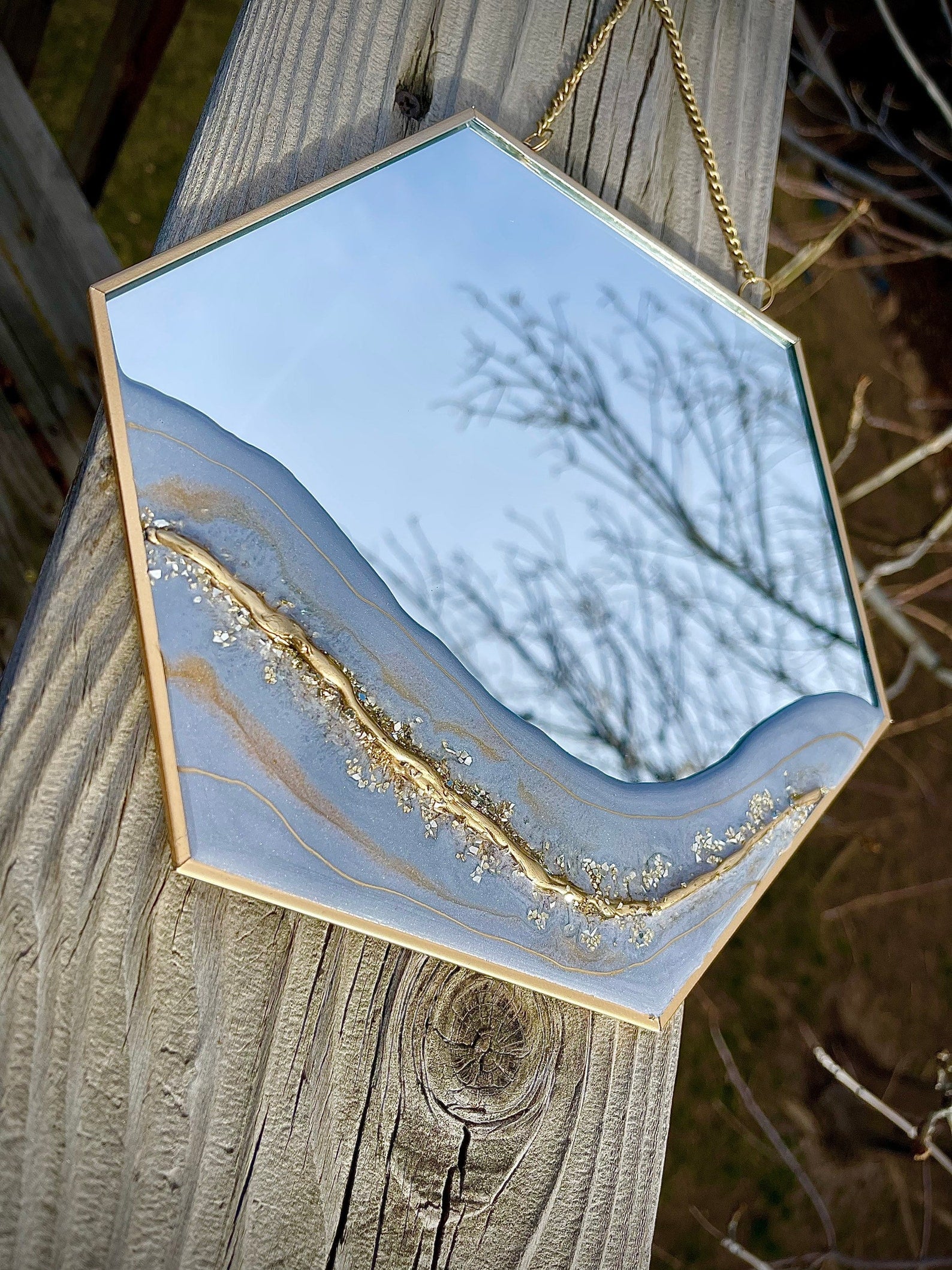 Periwinkle and Gold Hexagon Mirror