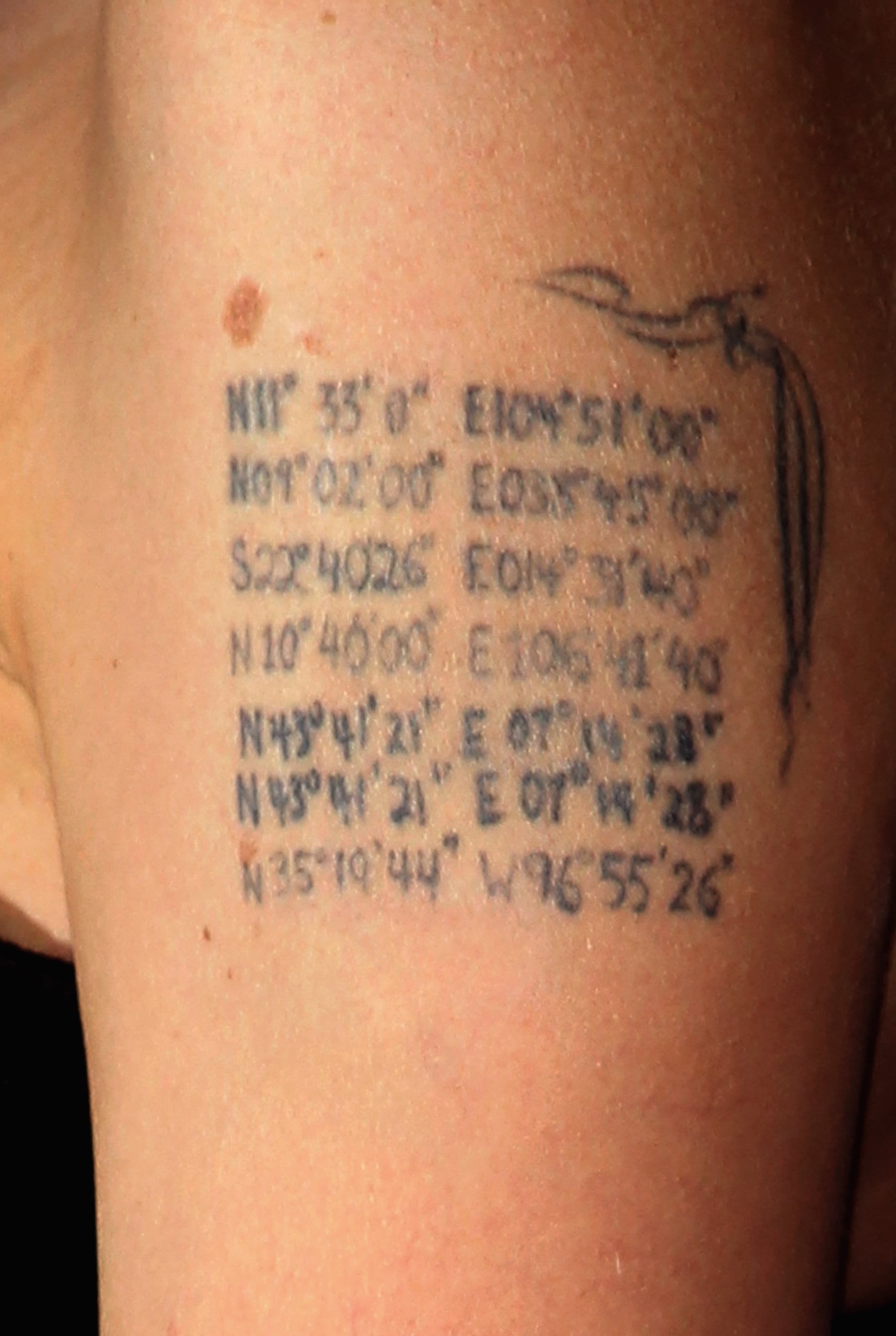 Geographical Coordinates On Her Left Arm A Much Needed Breakdown Of Angelina Jolie S Tattoos Popsugar Celebrity Photo 3