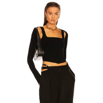 GOOD AMERICAN Pointelle Long-sleeve Corset Top in Black