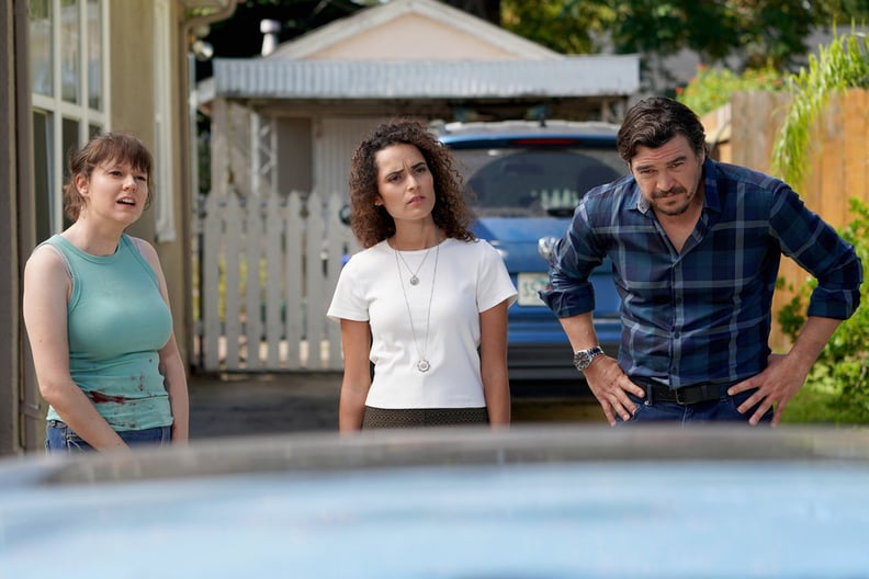KILLING IT -- Episode 102 -- Pictured: (l-r) Claudia O'Doherty as Jillian, Stephanie Nogueras as Camille, David Barrera as Carlos -- (Photo by: Alan Markfield/Peacock)