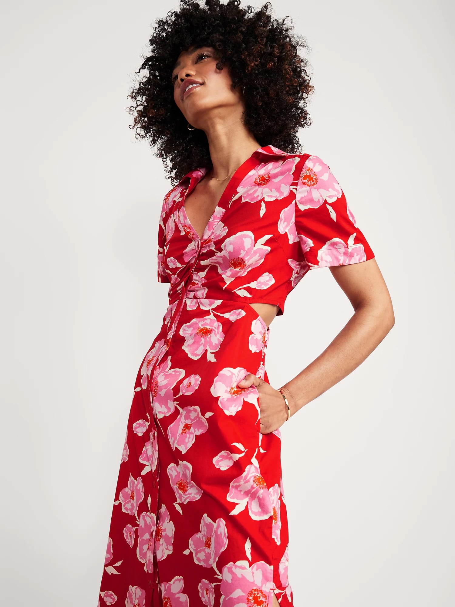 strapless open back dress Old Navy Waist Defined Flutter Short Sleeve Floral Midi Dress Rust Red Small