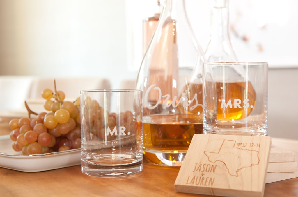 More than booze, the bar cart is a great place to share pieces that represent who Lauren and Jason are as a couple. The etched crystal decanter was a wedding gift that they filled with Jason's favorite, 1942 tequila.