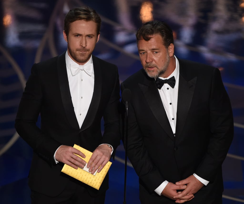Ryan Gosling and Russell Crowe took the stage at the Oscars to present the award for best original screenplay on Sunday night. Not only did The Nice Guy costars give us a glimpse of their offscreen chemistry, but they also took turns poking fun at each other. At one point, Ryan said, "Look, let's not fight. I mean, my God, we have two Academy Awards between us, this is beneath us," to which Russell responded with, "Did you win an Oscar?" But the jokes didn't stop there! Watch more hilarious interactions between Ryan and Russell above, and then check out all the Oscar winners.