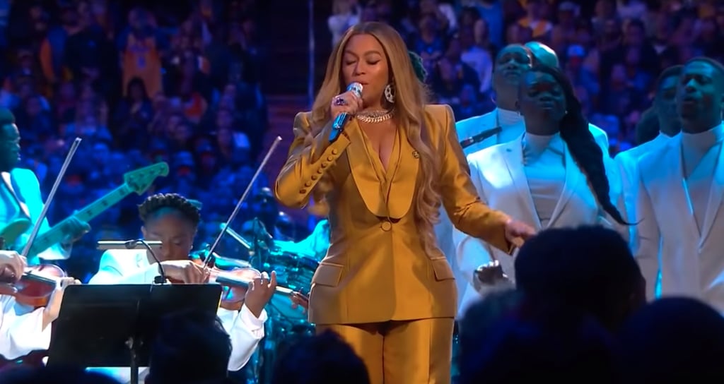 Beyoncé's Honey-Yellow Suit at the Kobe and Gigi Bryant Memorial