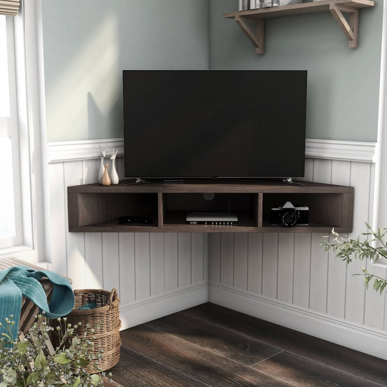 A Corner Floating TV Stand: Homes: Inside + Out Tybo Open Shelves Corner Floating Console TV Stand