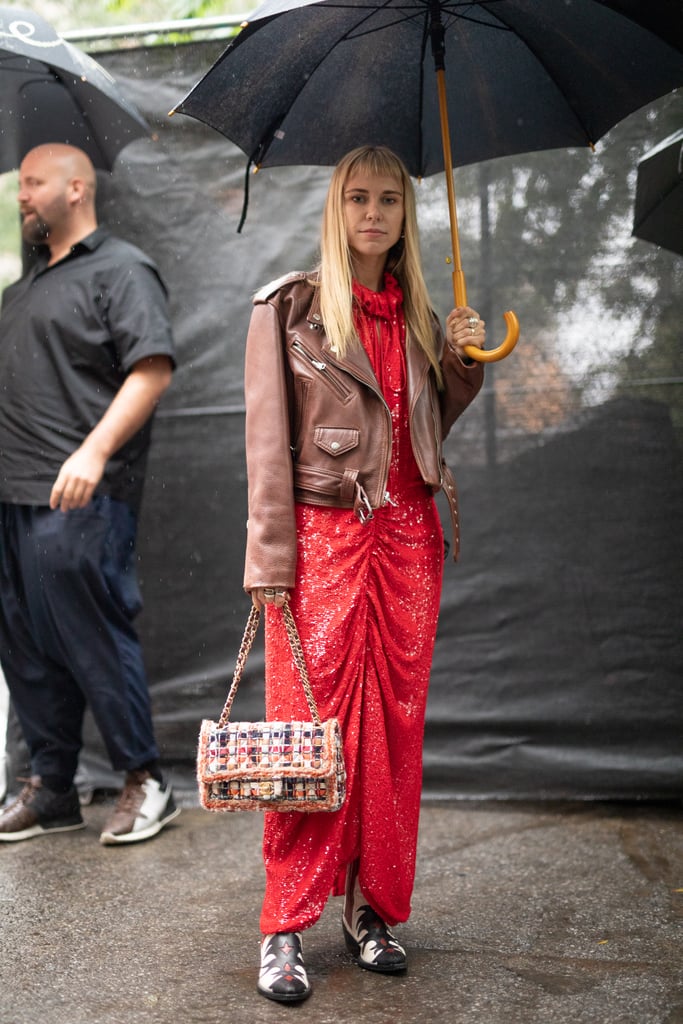 Toughen Up Your Sequinned Dress With a Leather Jacket