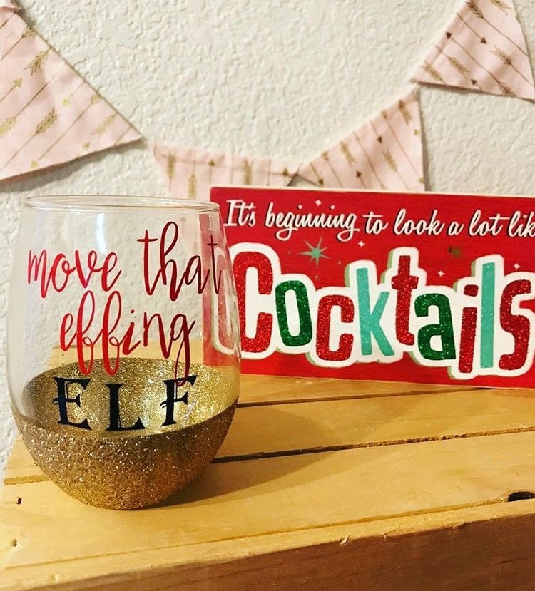 Move That Effing Elf Glitter-Dipped Stemless Wine Glass