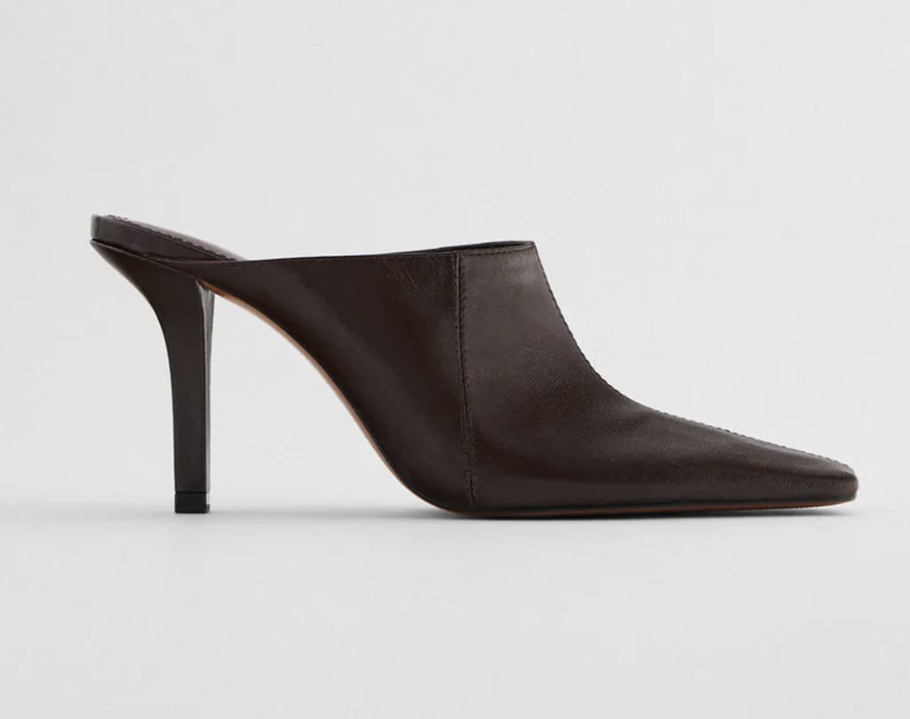 Zara Leather Heeled Mules With Square Toe