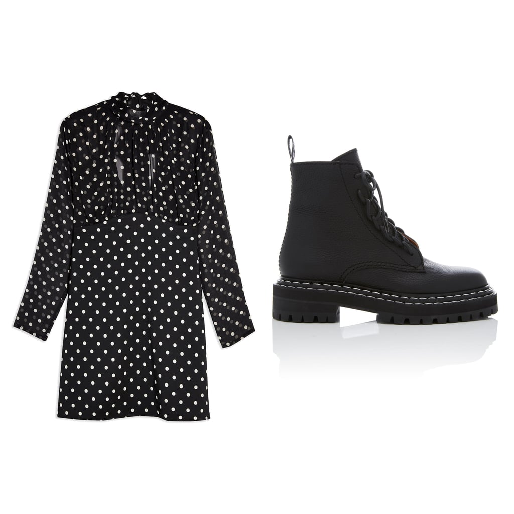 Topshop Black and White Shirred Neck Spot Mini Dress + Proenza Schouler Leather Combat Boots