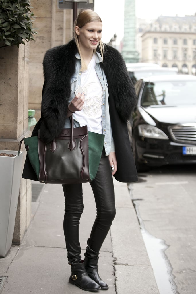 The fur, denim, and leather all add up to a killer street-style moment, but that colorblocked Celine bag was the wow-factor accessory.
The fur, denim, and leather all add up to a killer street-style moment, but that colorblocked Celine bag was the wow-factor accessory.