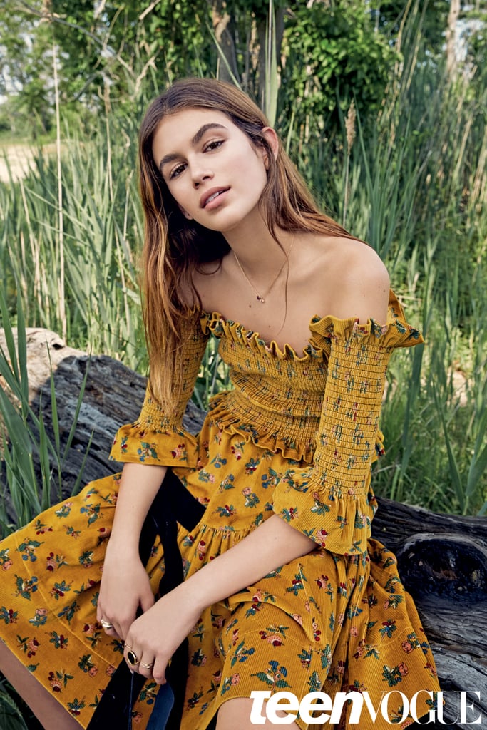 Kaia wears a Molly Goddard top, skirt, and Ariel Gordon necklace.