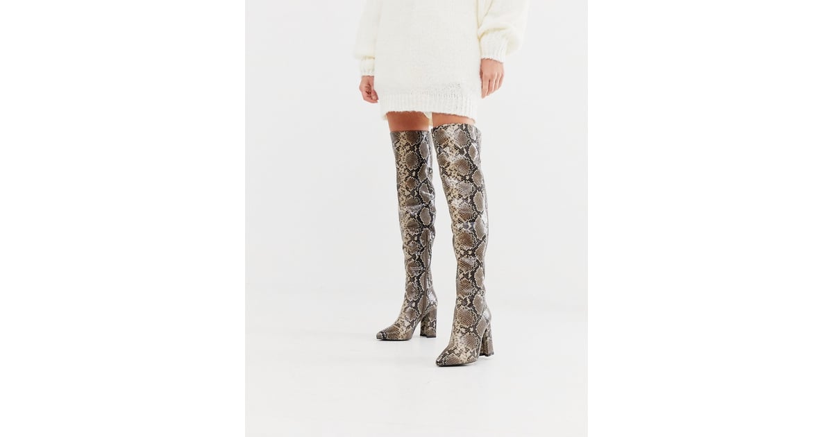 over knee snake print boots