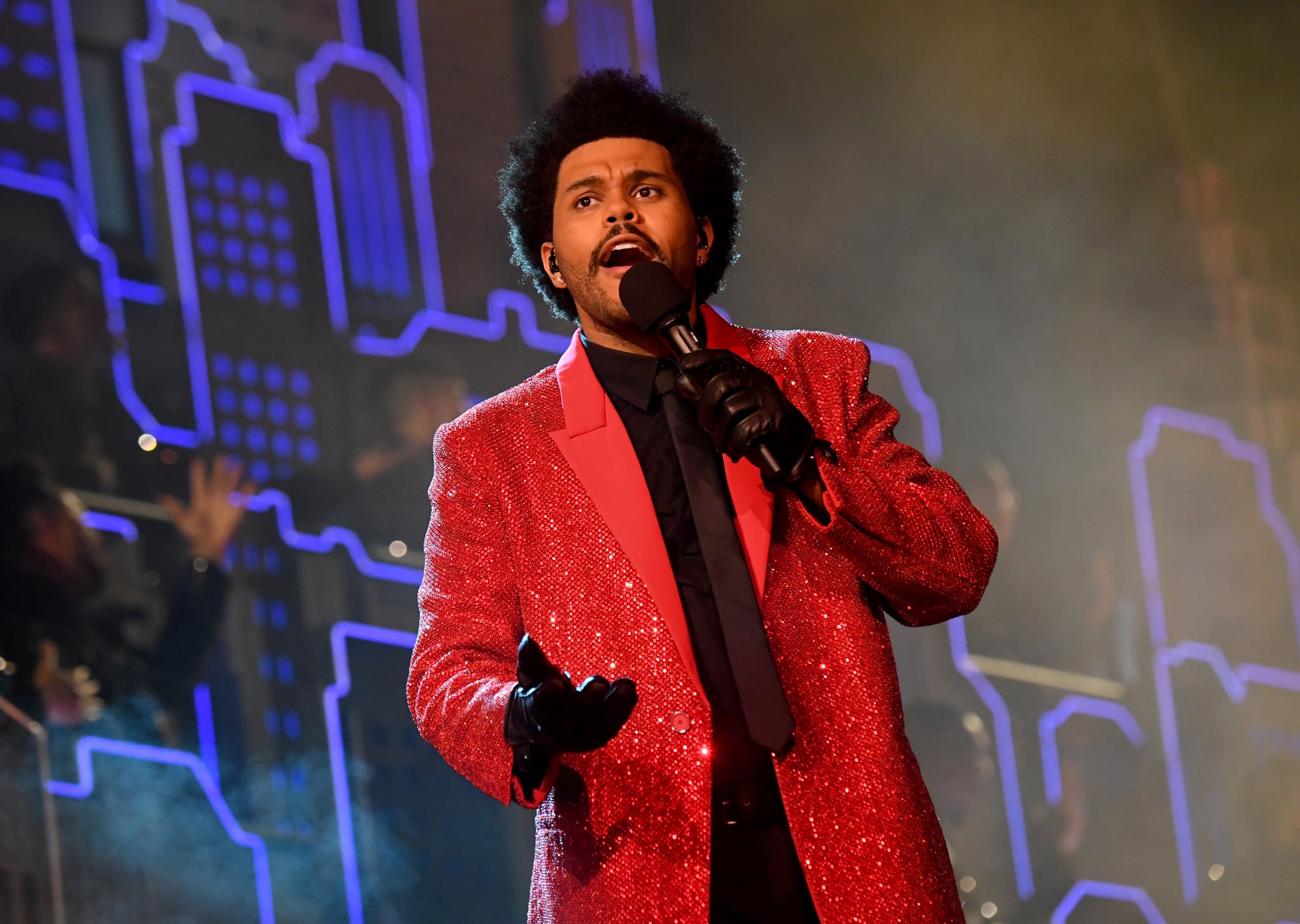 TAMPA, FLORIDA - FEBRUARY 04: In this image released on February 7th, The Weeknd rehearses for the Super Bowl LV Halftime Show at Raymond James Stadium on February 04, 2021 in Tampa, Florida. (Photo by Kevin Mazur/Getty Images for TW)