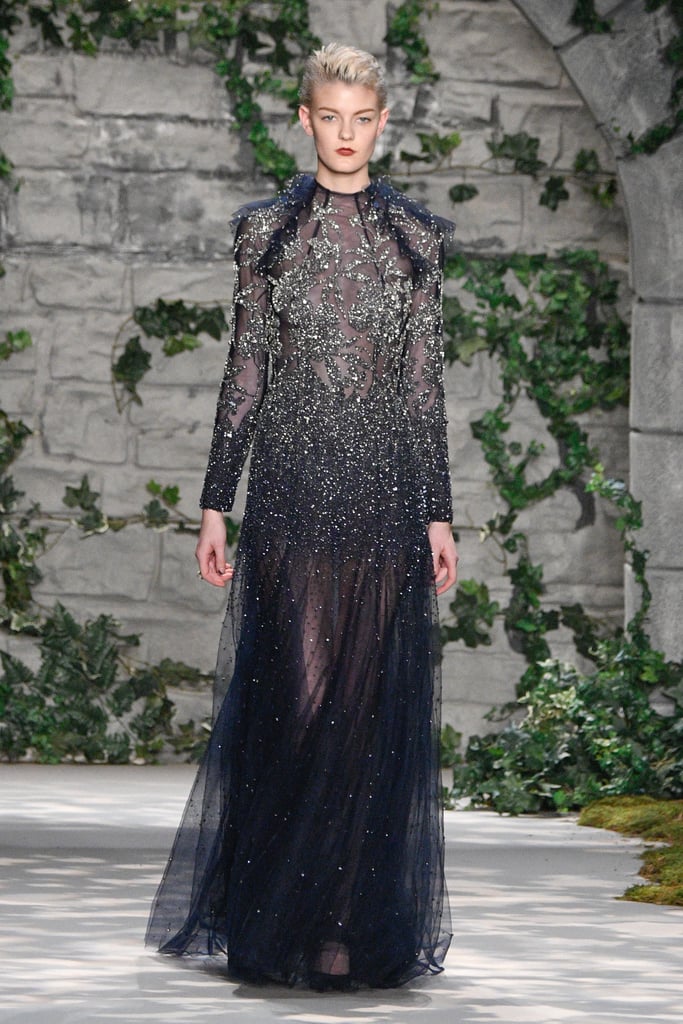 Since Kate's already quite comfortable with Jenny Packham, we dare her to try a tulle skirt with sheer details and plenty of embroidery.
