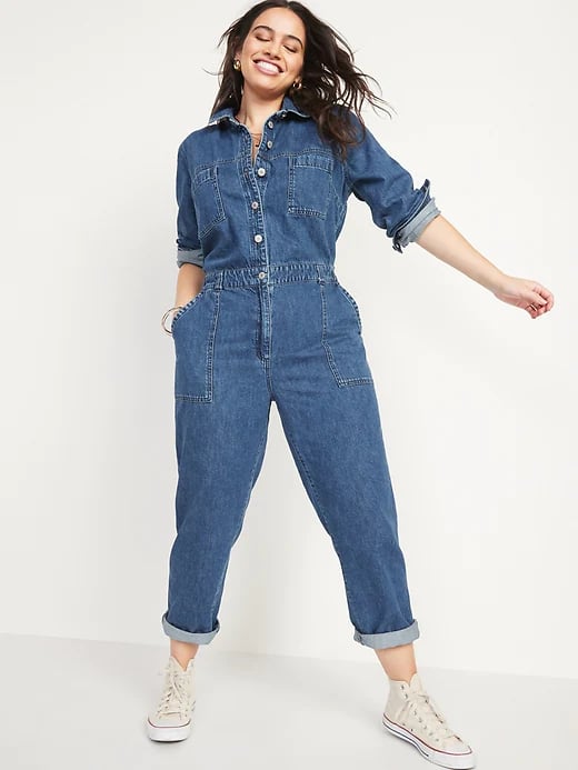 Long-Sleeve Medium-Wash Utility Jean Jumpsuit