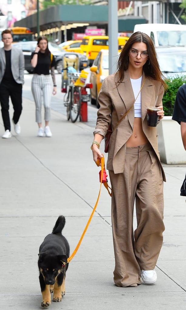 Emily Ratajkowski in Crop Top and Low-Slung Pants in NYC