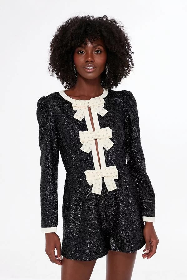 Saloni Camille Bow-Embellished Sequined Playsuit