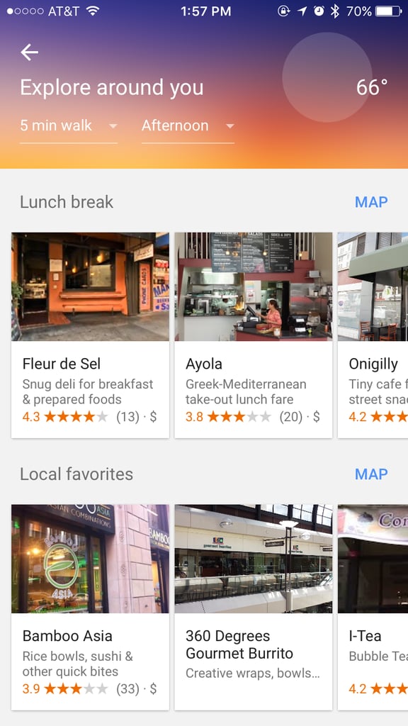 Find out what there is to explore based on your location and time of day.