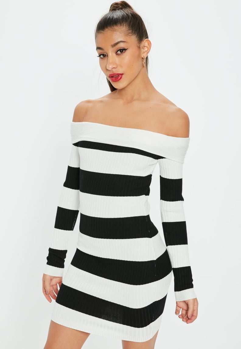 Missguided White Bardot Stripe Knitted Mini Dress