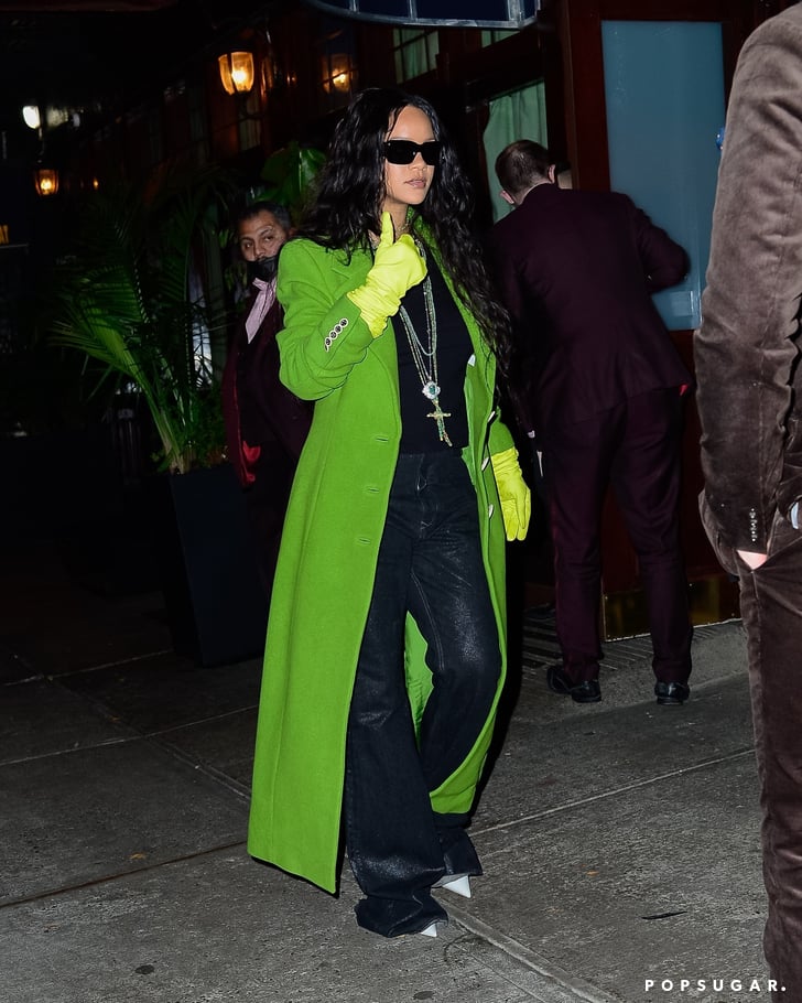 Rihanna Wears a Green Statement Coat With Yellow Gloves