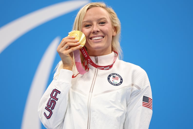 TOKYO, JAPAN - SEPTEMBER 03: Gold medalist Jessica Long of Team United States celebrates during the medal ceremony for the Women's 100m Butterfly - S8 Final on day 10 of the Tokyo 2020 Paralympic Games at Tokyo Aquatics Centre on September 03, 2021 in Tok