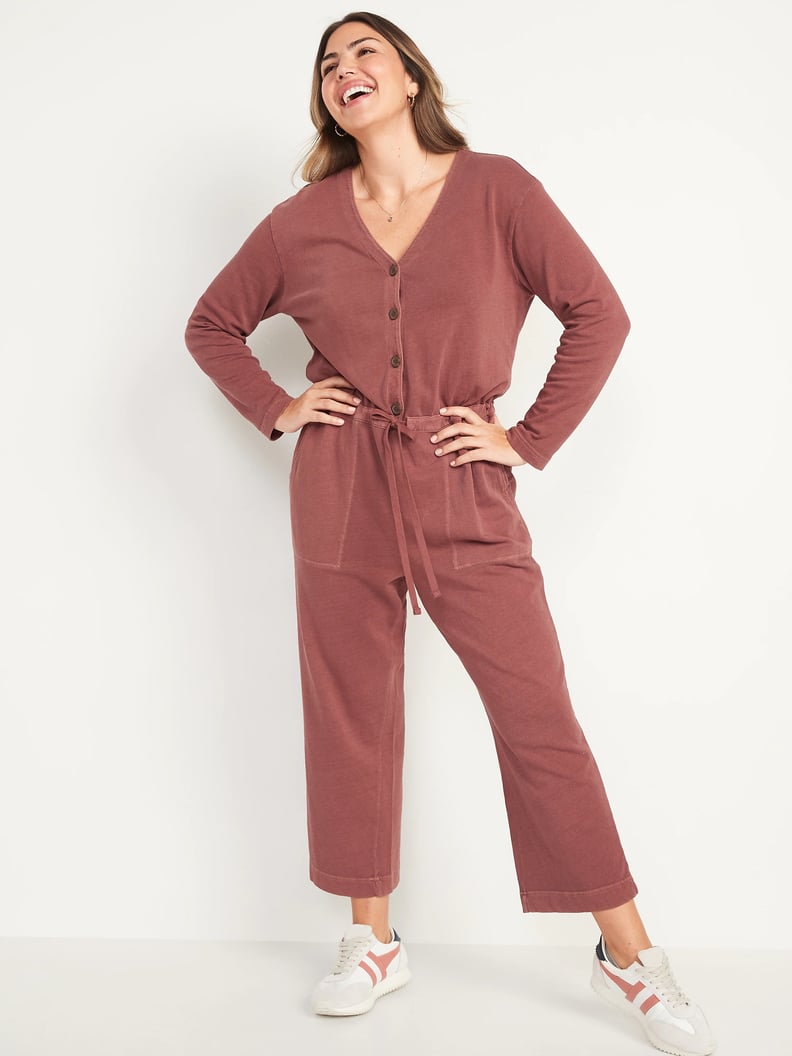 Old Navy Long-Sleeve Cropped French-Terry Utility Jumpsuit in Trident Maple