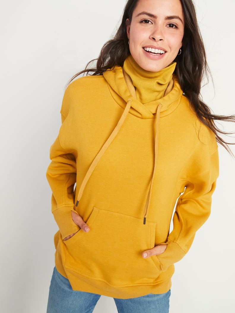 Oversized Rib-Knit Funnel-Neck Pullover Hoodie