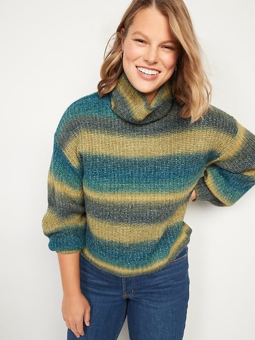 Striped Shaker-Stitch Turtleneck Sweater