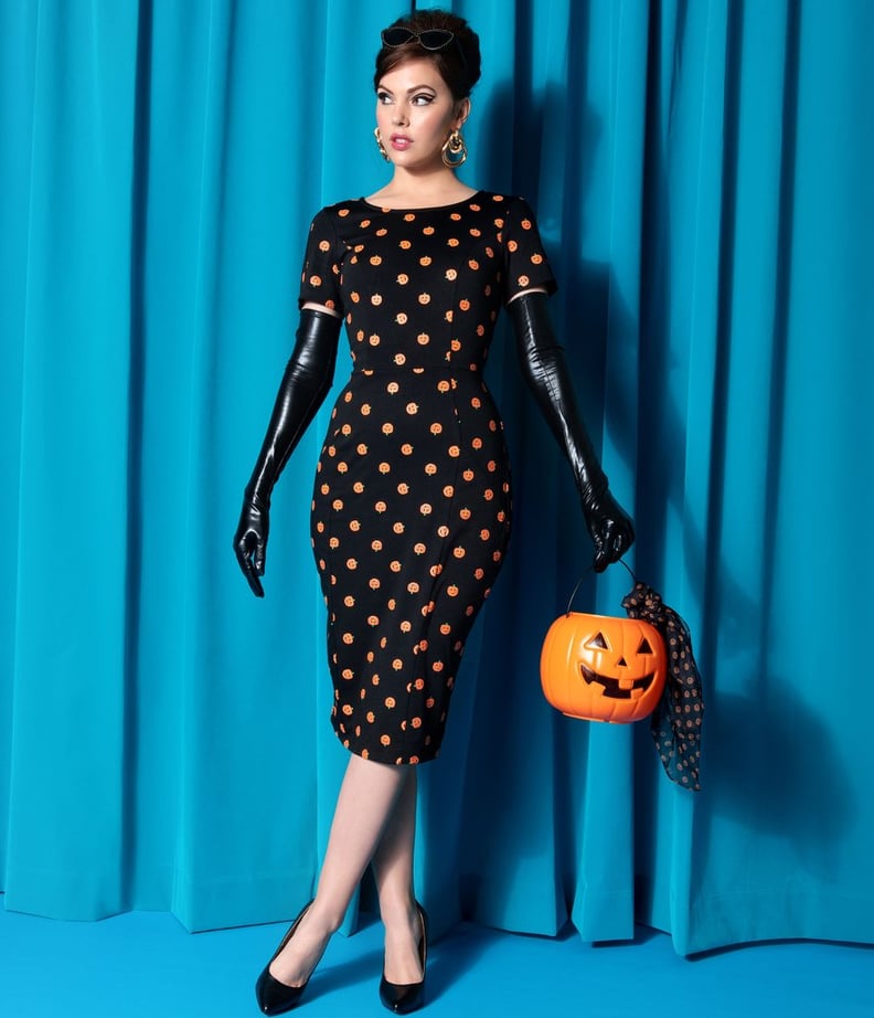 Black and Orange Pumpkin Patch Short Sleeve Mod Wiggle Dress