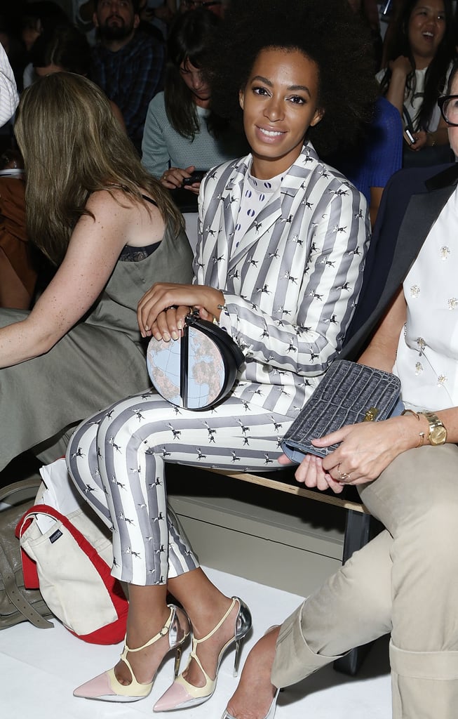 While sitting front row at the Suno show in NYC, Solange worked a classic gray-and-white pinstriped suit, but upon closer inspection, we also spotted little two-toned horses. Her sophisticated clutch doubled as a map, and her polished pumps were reminiscent of a childhood favorite: Neapolitan ice cream. While sitting front row at the Suno show in NYC, Solange worked a classic gray-and-white pinstriped suit, but upon closer inspection, we also spotted little two-toned horses. Her sophisticated clutch doubled as a map, and her polished pumps were reminiscent of a childhood favorite: Neapolitan ice cream.