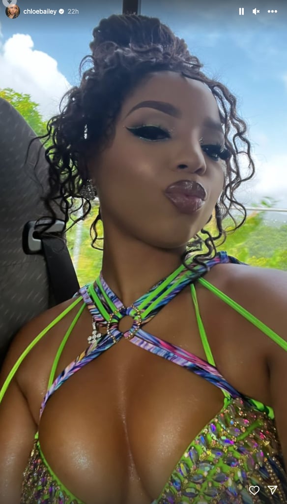 Chlöe Bailey's Green and Purple Cutout Bodysuit and Fishnets