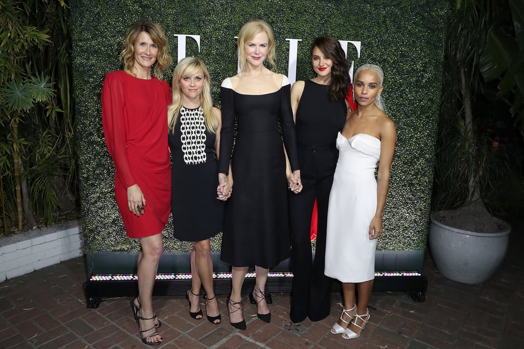 The cast of Sky Atlantic's upcoming Big Little Lies miniseries stepped out in style for Elle's annual Women in Television soirée in LA on Saturday. Reese Witherspoon, Nicole Kidman, Laura Dern, Kathryn Newton, and Shailene Woodley stuck together as photographers snapped their photos, while Zoë Kravitz brought along boyfriend Karl Glusman, who we last saw during their steamy Miami getaway in December. In anticipation of the book-to-TV adaptation, the magazine featured all four stars on four separate gorgeous covers for their February issue. Not only does Zoë open up about why she idolises her mom, but Nicole talks about her sex scenes with Alexander Skarsgard. In the show — which hits UK TV screens in March — Nicole, Shailene, and Reese star as three mothers with children who attend the same school and end up getting tangled in a web of sex, murder, mystery, and lies.
