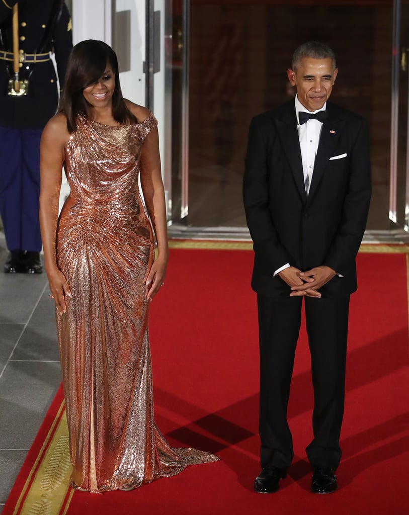 Michelle in a stunning Versace gown at her final state dinner in 2016.