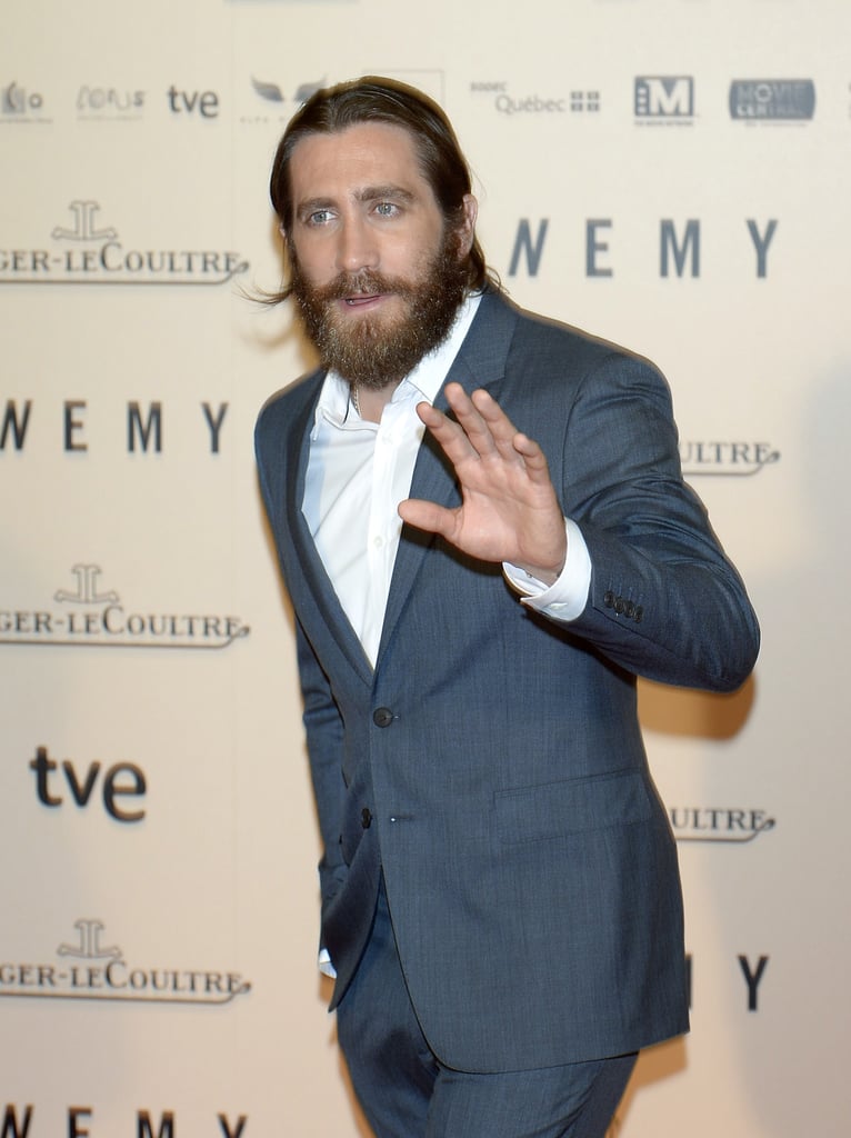 Jake Gyllenhaal showed off serious facial scruff at the Madrid premiere of Enemy on Thursday.
