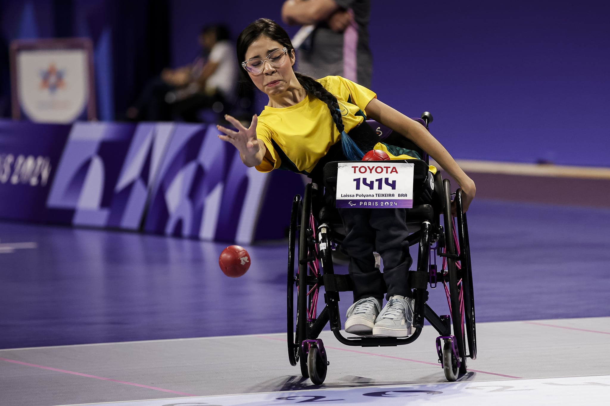 PARIS, FRANCE - AUGUST 29: Laissa Poliana Teixeira of Brazil competes on women's individual during the Boccia modality on day one as part of the Paris 2024 Summer Paralympic Games at South Paris Arena on August 29, 2024 in Paris, France. (Photo by Antonio Borga/Eurasia Sport Images/Getty Images)