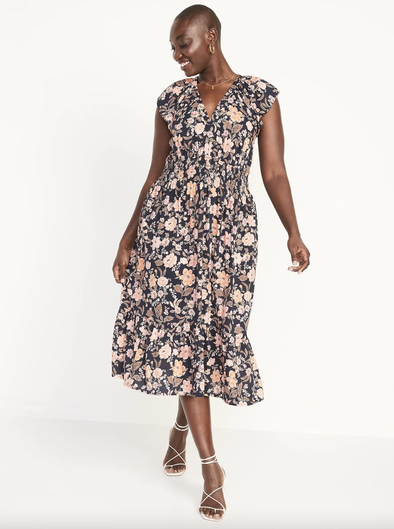 Old Navy Waist-Defined Flutter-Sleeve Floral-Print Smocked Midi Dress