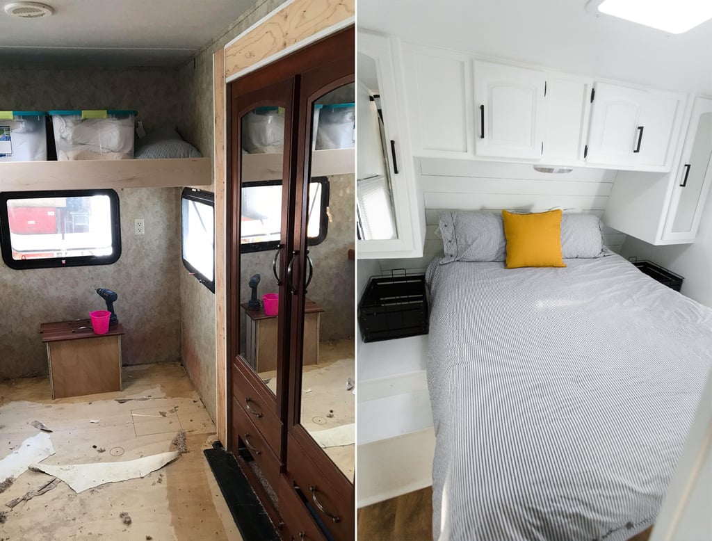 POPSUGAR: What made you decide to get into renovating trailers?
The Walkers: Sean grew up camping, and he always dreamed of camping with his own family one day. Now that we have three little ones, we want to instill in them a spirit of adventure and love for nature. So we decided to buy a trailer and fix it up.
We have owned two trailers in the past two years. Each of them we bought for a deal and did a major overhaul on the inside to make it feel new, fresh, and more like us! Sean is very handy when it comes to construction and laying flooring and designing the layout, and Brianne loves the overall vision and finishing touches. We make a good team and thoroughly enjoy the process.