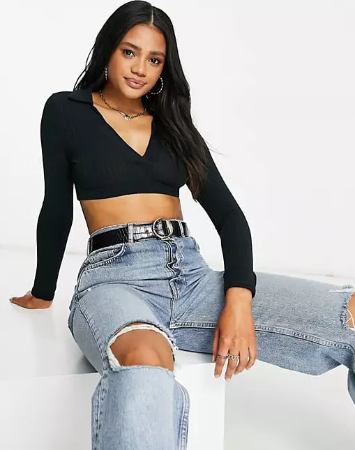 ASOS Design Fitted Rib Polo Super Crop in Black