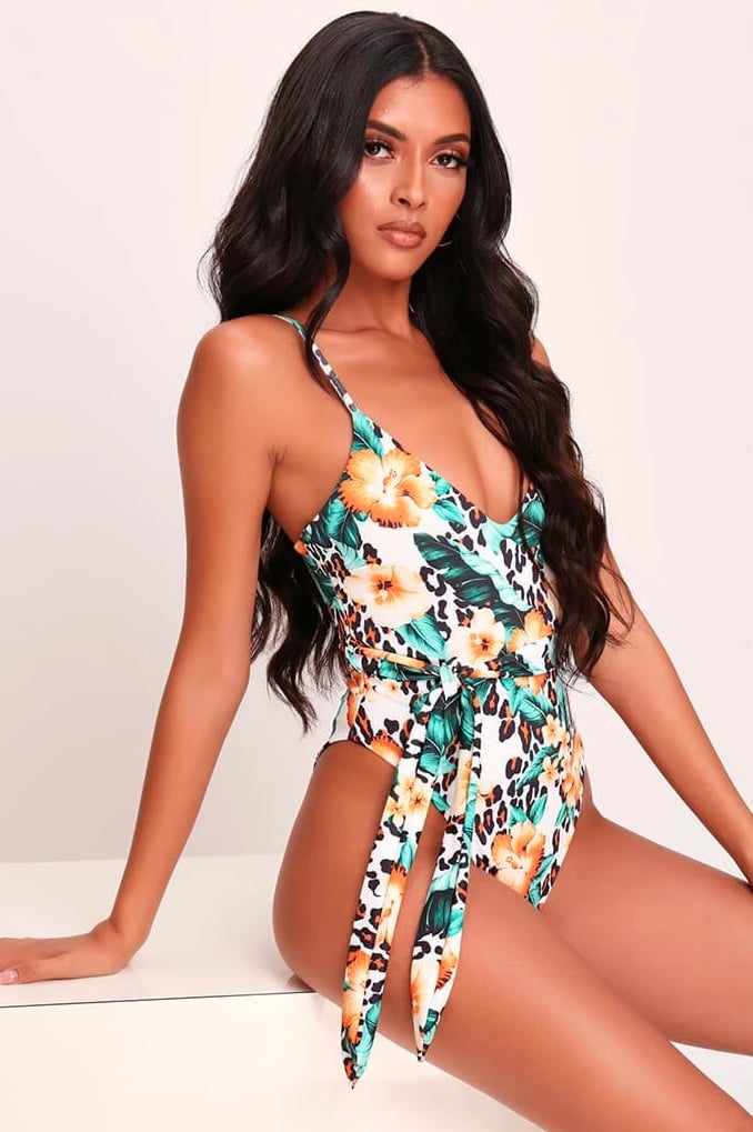 I Saw It First White/Green Jungle Print Strappy Belted Swimsuit