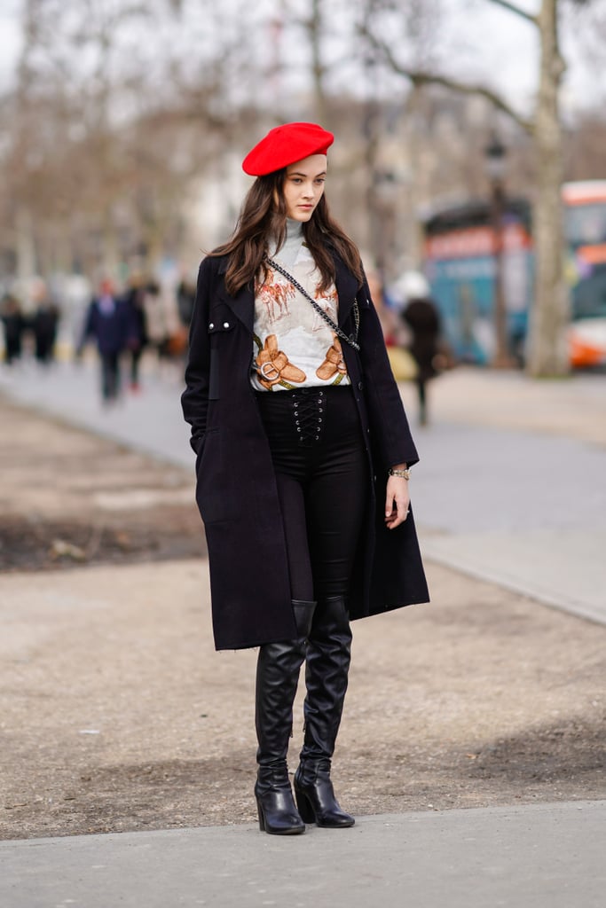 Liven Up Your Basic Black Boots With Lace-Up Trousers and a Red Beret