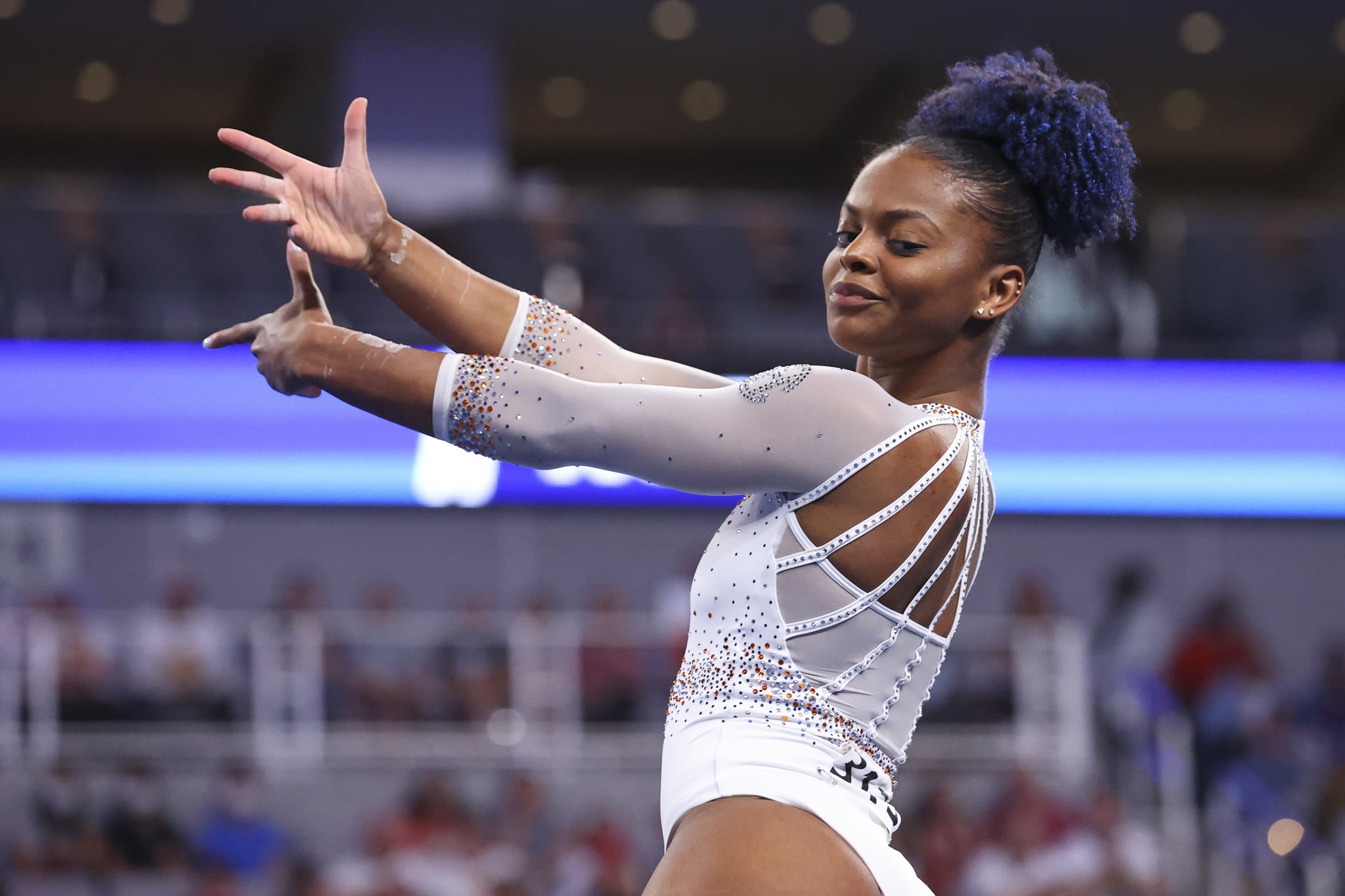 FORT WORTH, TX - APRIL 16: Trinity Thomas of the Florida Gators competes in the floor exercise during the Division I Womens Gymnastics Championship held at Dickies Arena on April 16, 2022 in Fort Worth, Texas. (Photo by C. Morgan Engel/NCAA Photos via Getty Images)