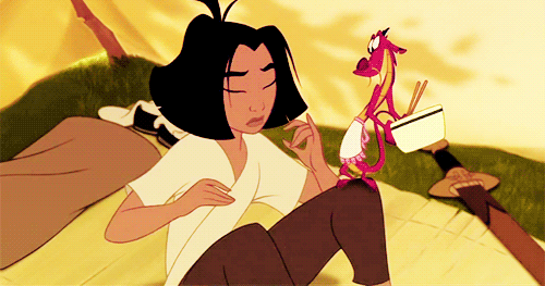 When Mushu, her dragon friend, makes her some delicious breakfast.