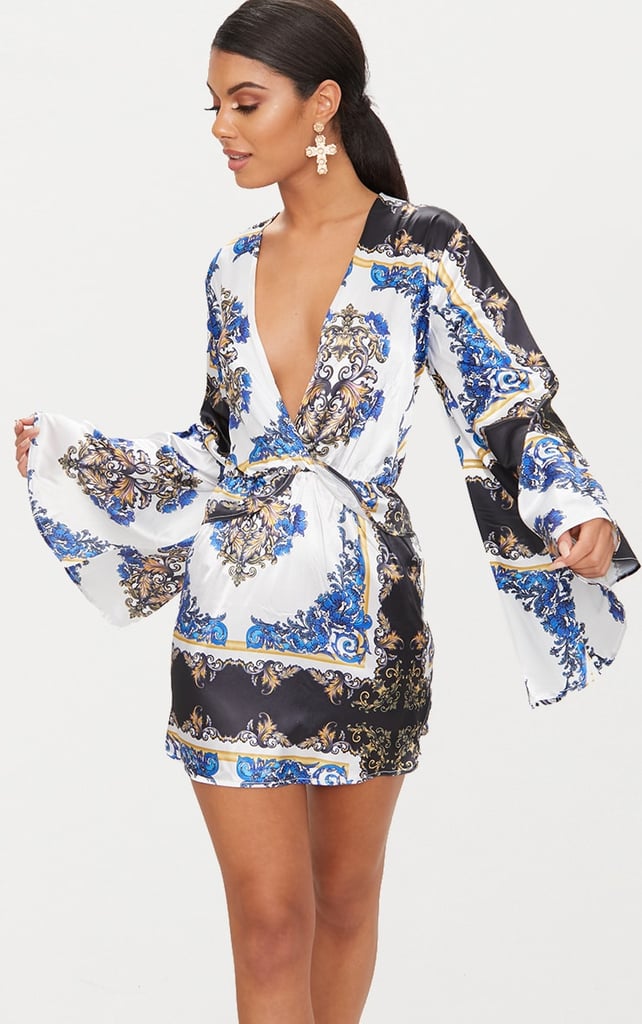 Blue Scarf Print Kimono Sleeve Plunge Shift Dress